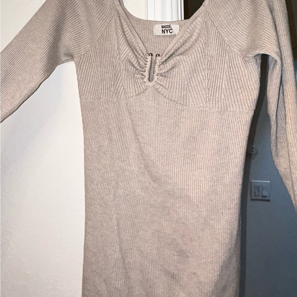 Madden NYC Beige Long Sleeve Rib Knit Dress